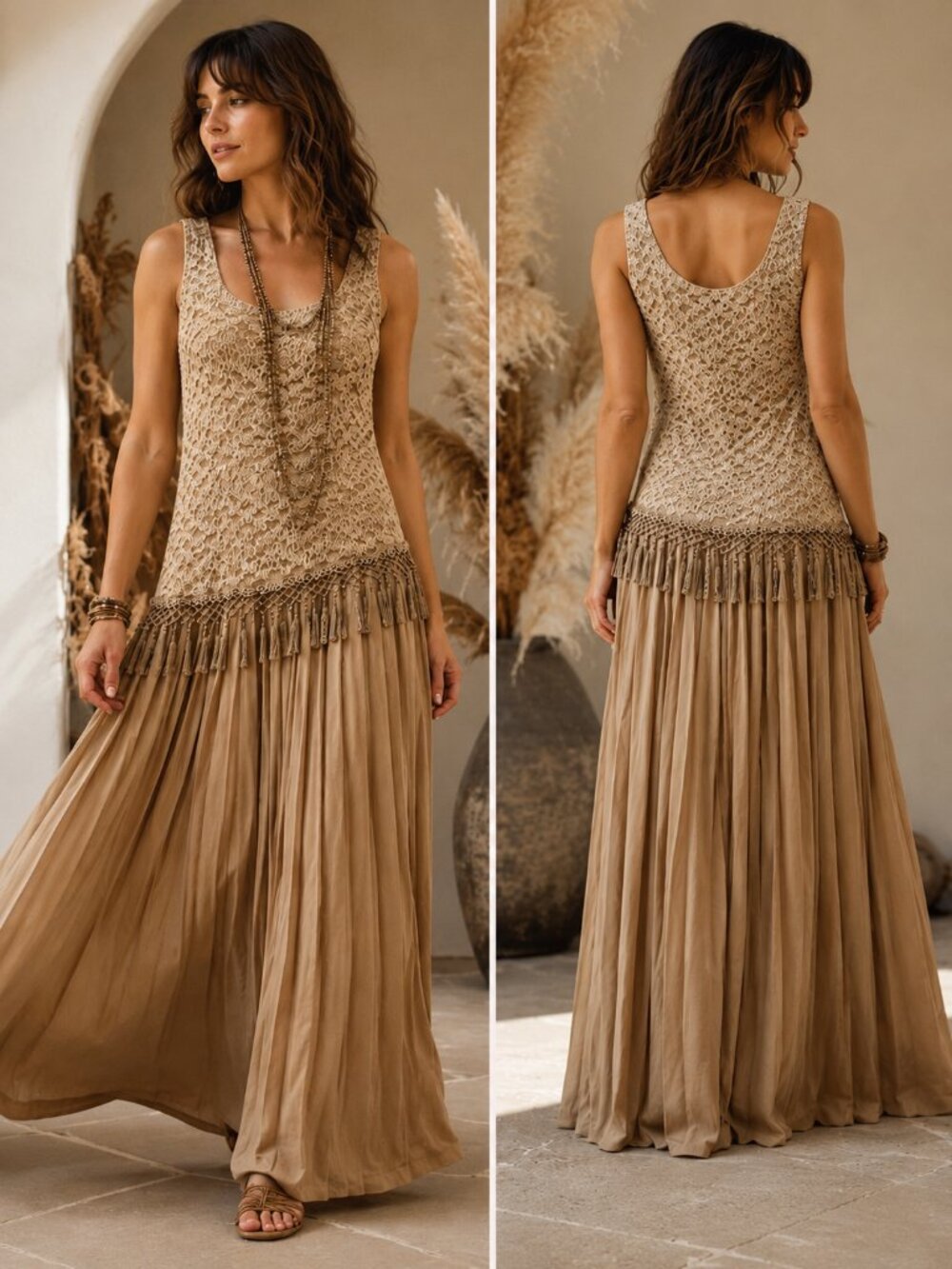 VTG 70s ANNA Drop Waist Maxi Dress 6/8 Soutache Tassel Fringe Neutral Boho